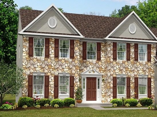Rendering of The Williamsburg, a two-story colonial with a stone front and burgundy shutters