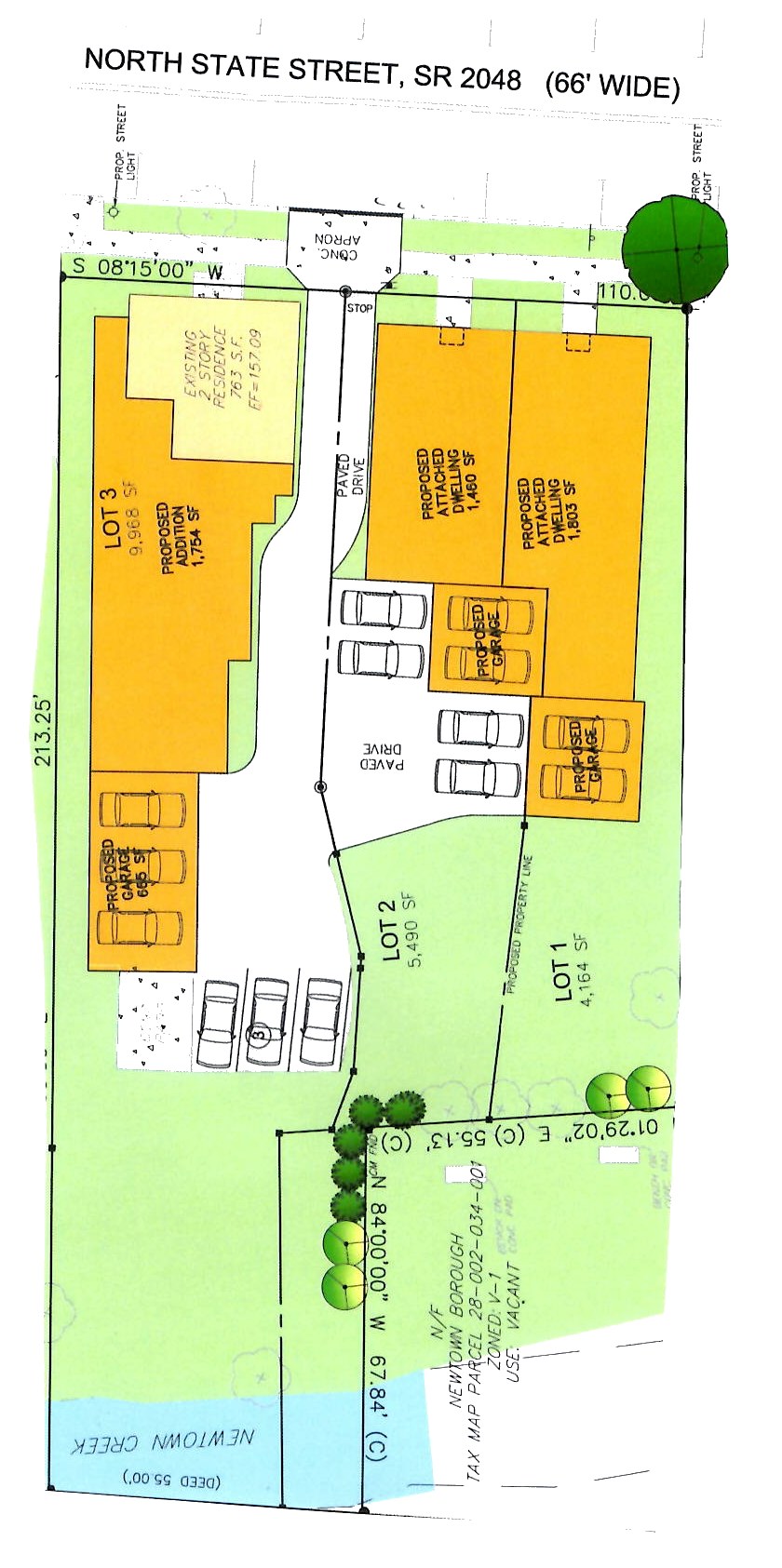Patriots Place site plan: the two townhomes on Lots 1 and 2 and the estate home on Lot 3 along North State Street, with a shared drive to the garages and Newtown Creek at the rear